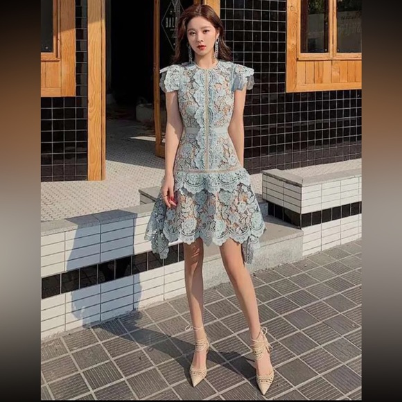 #152 Elegant Butterfly Sleeve Crochet Lace Casual O-neck High Waist Dress - Picture 5 of 16